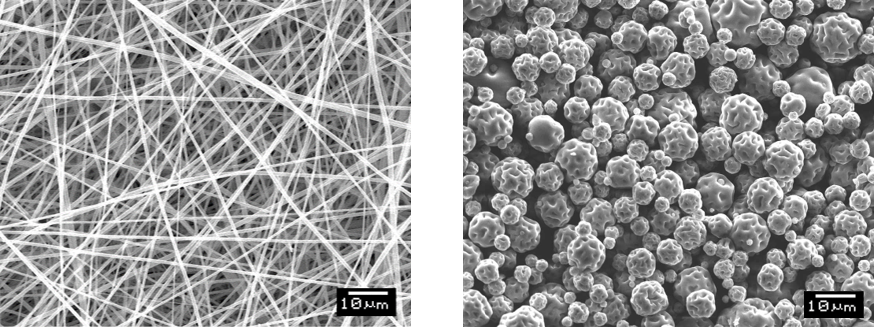 Electrospun polymer nanofibers and electrosprayed particles